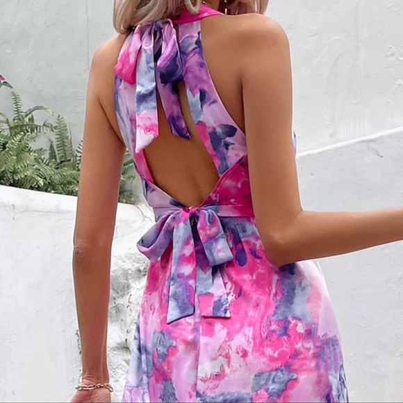 Pink Printed Open Back Slit Dress - Picture 4 of 8